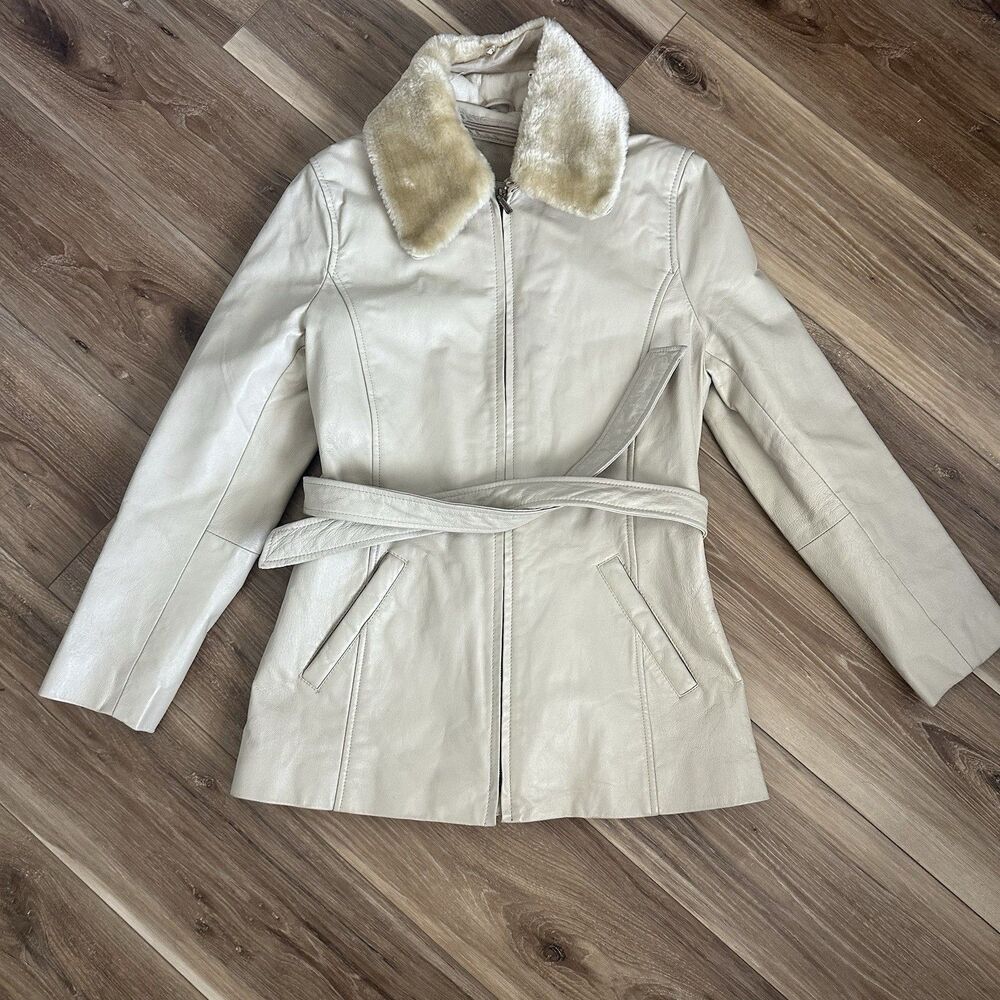 Sergio Vadducci Vintage Beige Leather Belted Jacket Detachable Fur Collar Small